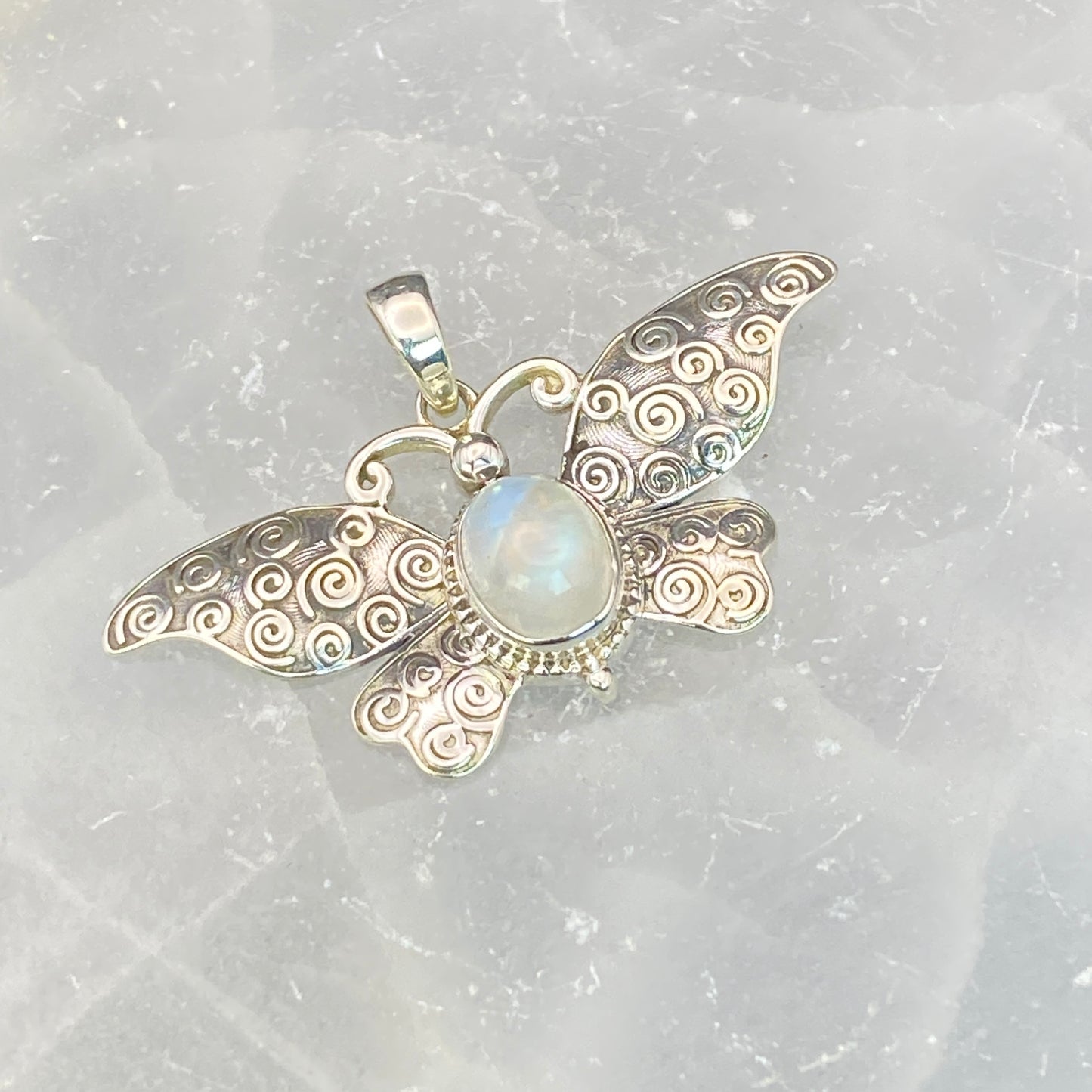 .925 Sterling Silver Rainbow Moonstone Butterfly Pendant