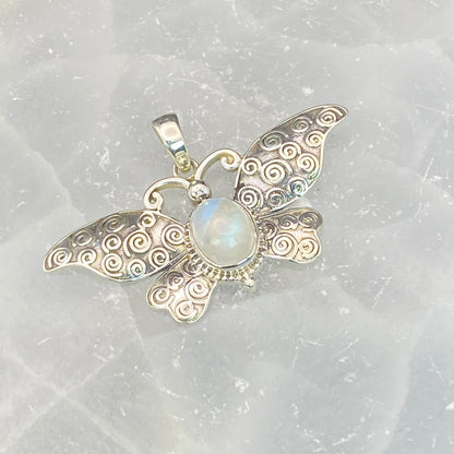 .925 Sterling Silver Rainbow Moonstone Butterfly Pendant