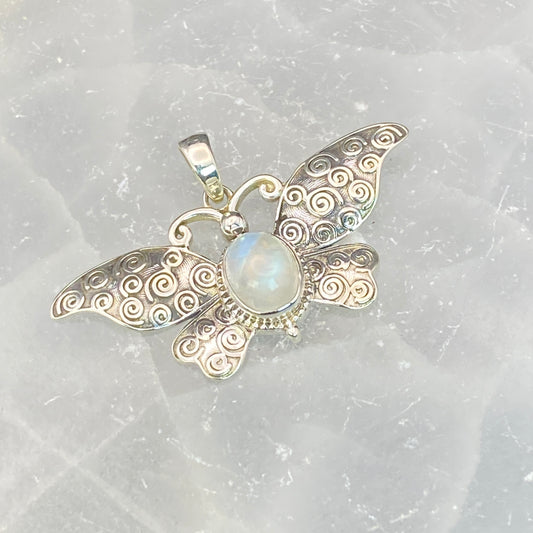 .925 Sterling Silver Rainbow Moonstone Butterfly Pendant