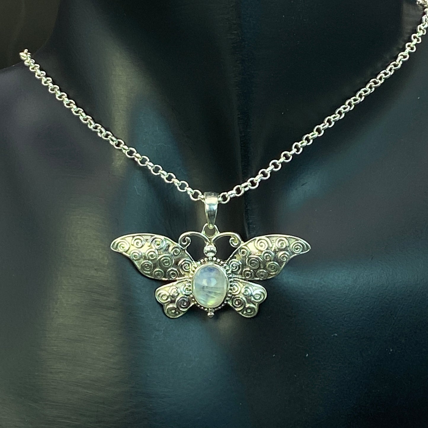 .925 Sterling Silver Rainbow Moonstone Butterfly Pendant