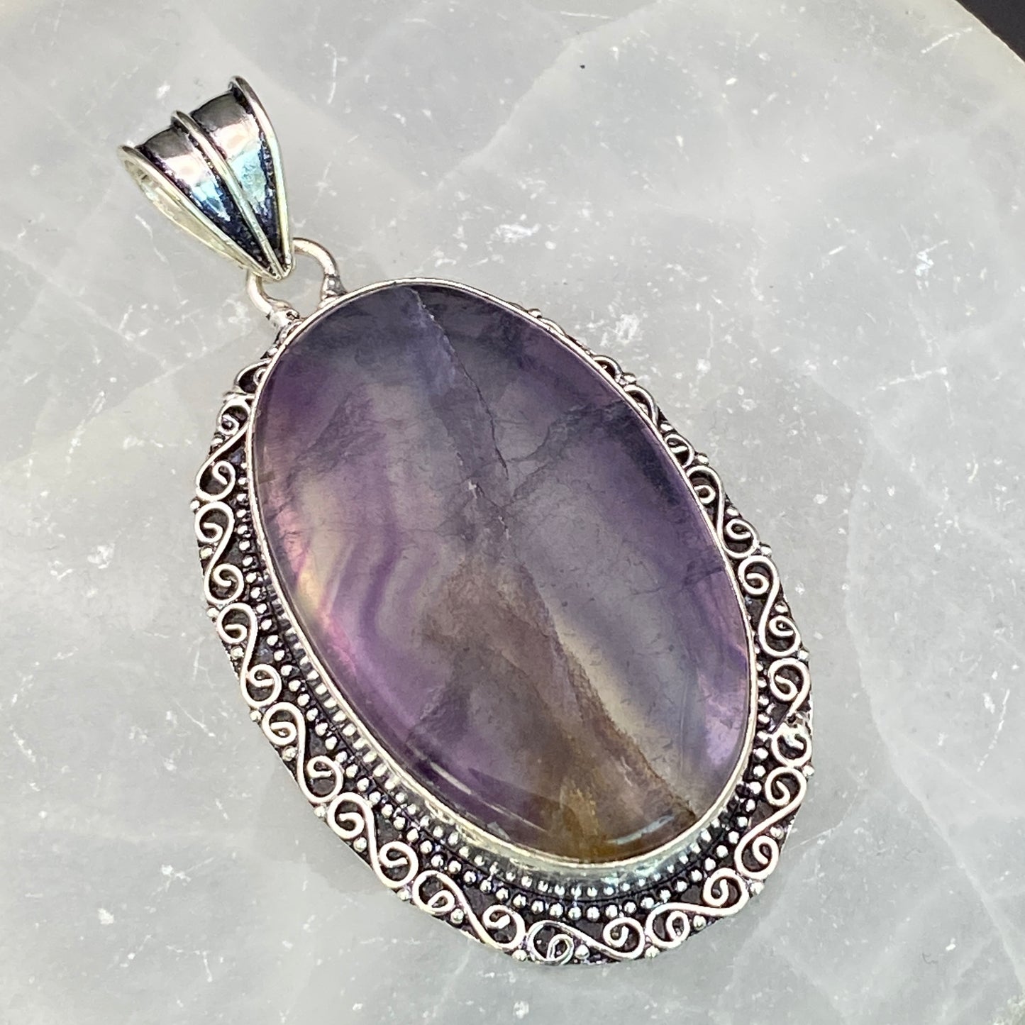 .925 Sterling Silver Candy Fluorite Oval Pendant #1 - Large