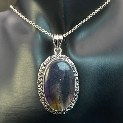 .925 Sterling Silver Candy Fluorite Oval Pendant #1 - Large