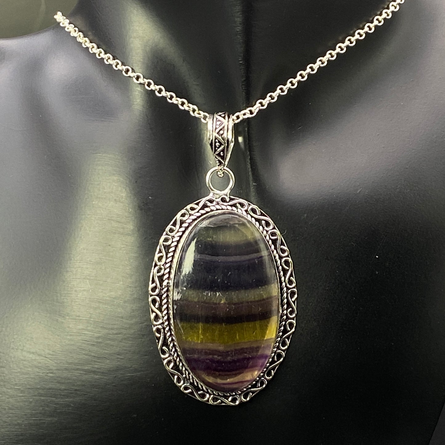 .925 Sterling Silver Fluorite Oval Pendant #2 - Large
