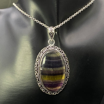 .925 Sterling Silver Fluorite Oval Pendant #2 - Large