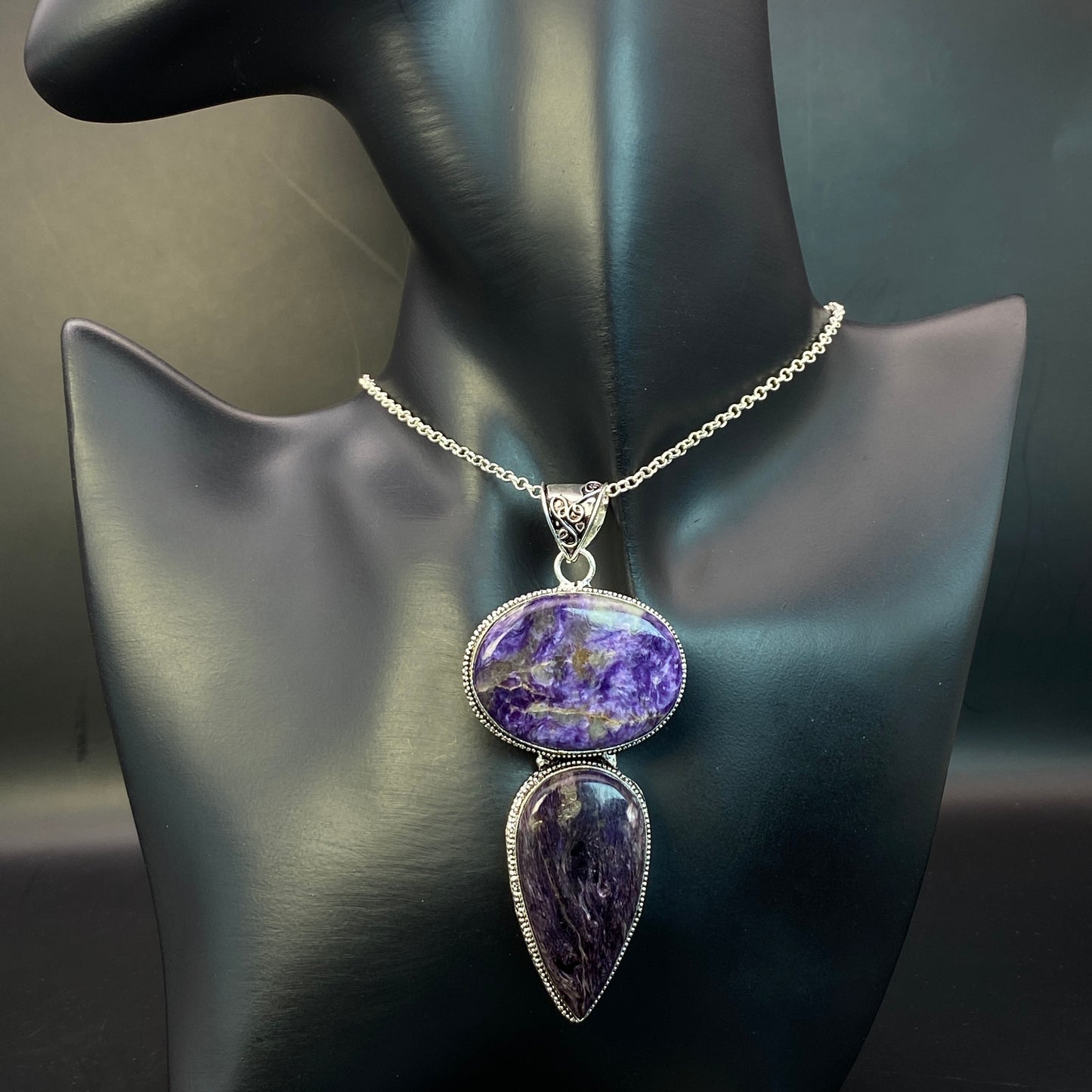 .925 Sterling Silver Charoite Pendant - HUGE!