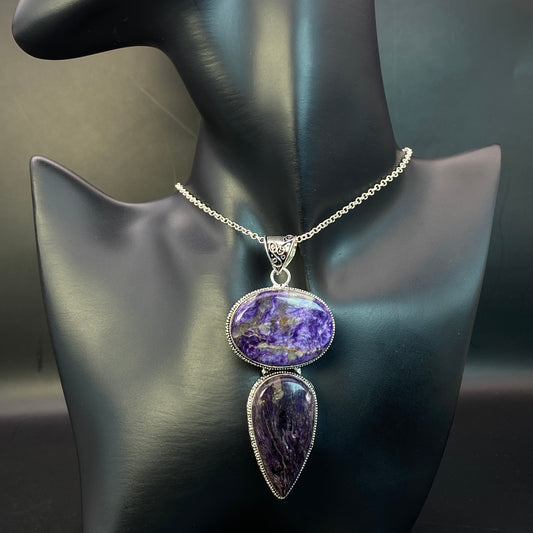 .925 Sterling Silver Charoite Pendant - HUGE!