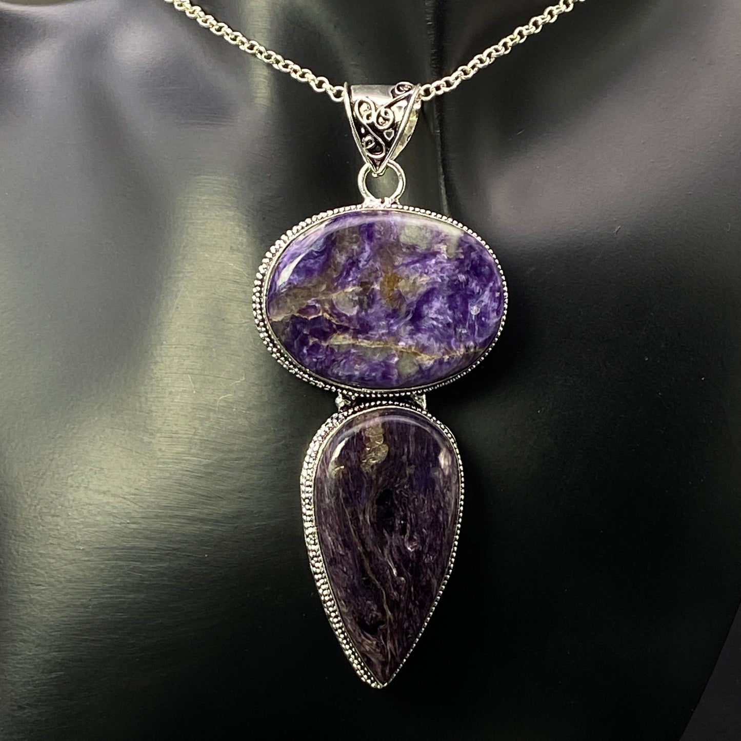 .925 Sterling Silver Charoite Pendant - HUGE!