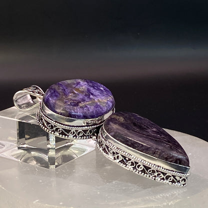 .925 Sterling Silver Charoite Pendant - HUGE!