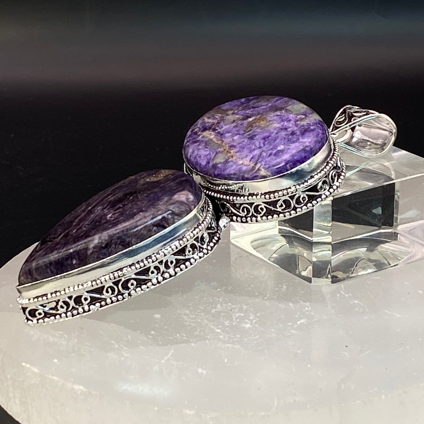 .925 Sterling Silver Charoite Pendant - HUGE!