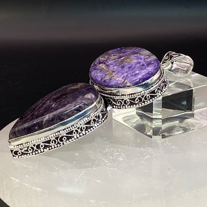.925 Sterling Silver Charoite Pendant - HUGE!