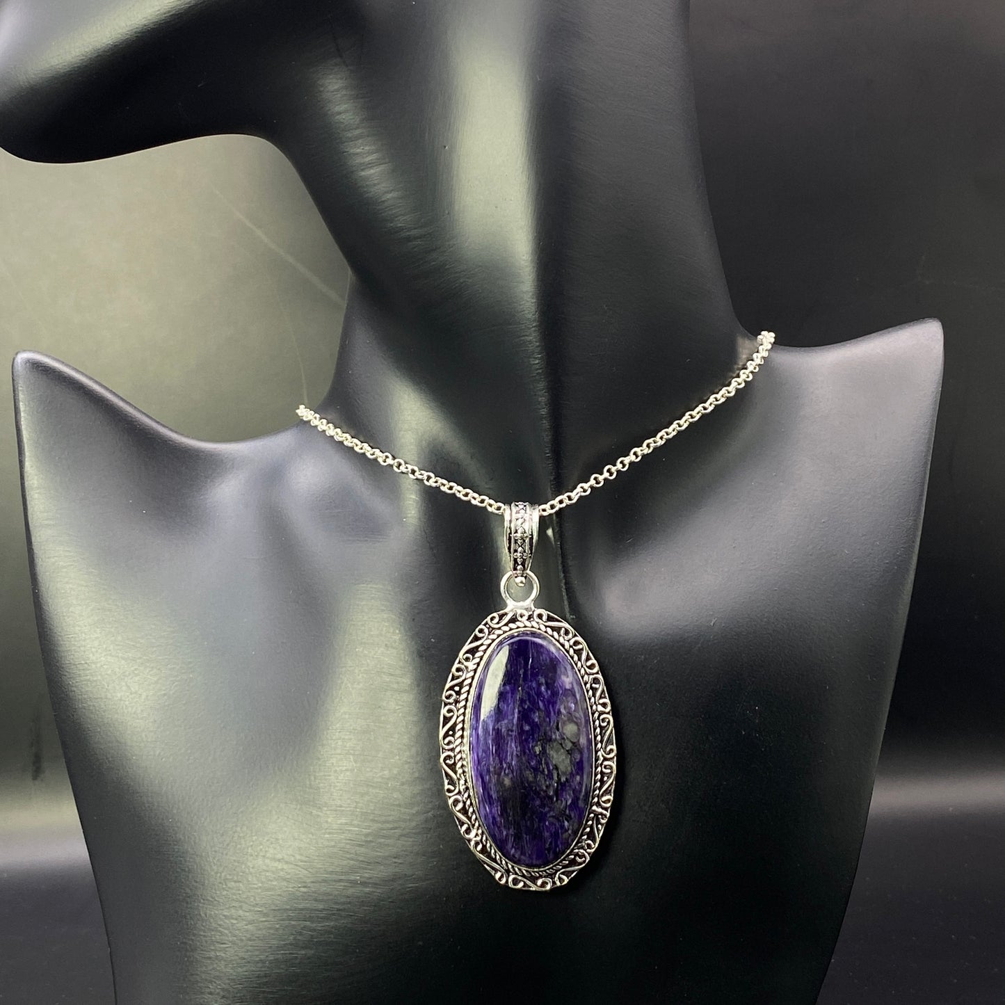 .925 Sterling Silver Charoite Oval Pendant