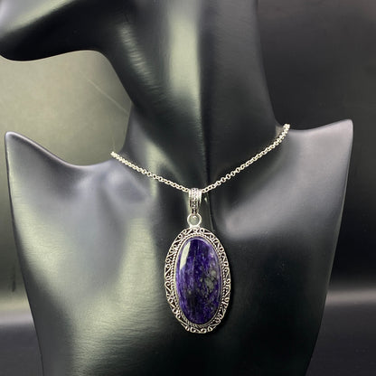 .925 Sterling Silver Charoite Oval Pendant