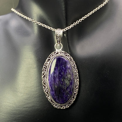 .925 Sterling Silver Charoite Oval Pendant