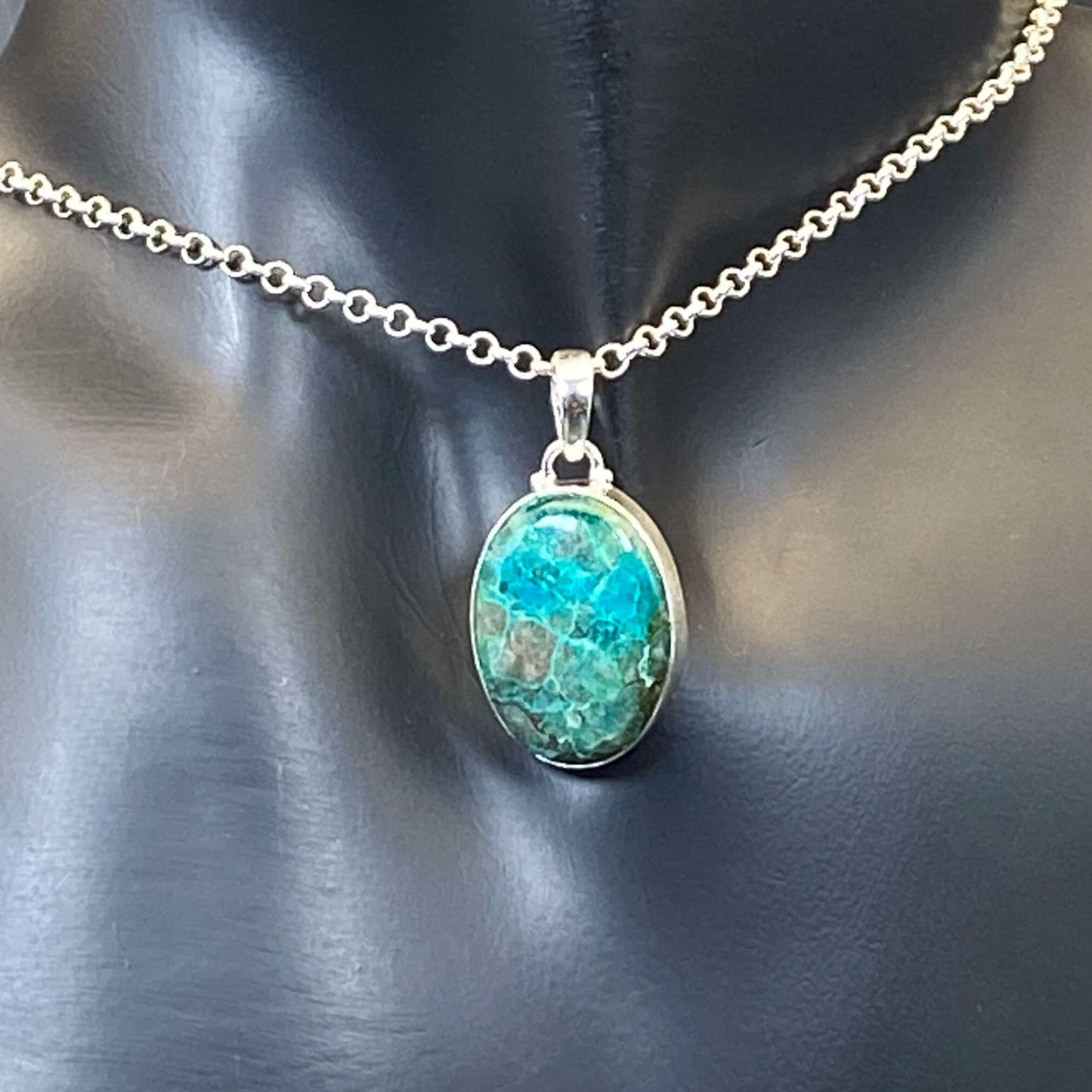 .925 Sterling Silver Chrysocolla Oval Pendant