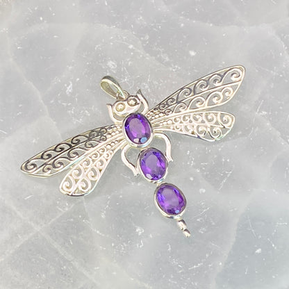 .925 Sterling Silver Amethyst Dragonfly Pendant