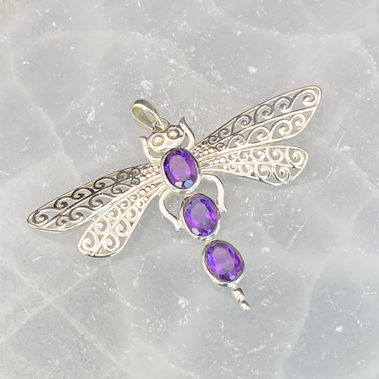 .925 Sterling Silver Amethyst Dragonfly Pendant