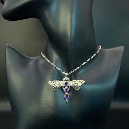 .925 Sterling Silver Amethyst Dragonfly Pendant