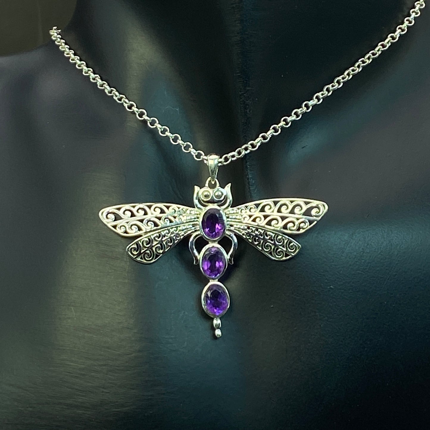 .925 Sterling Silver Amethyst Dragonfly Pendant