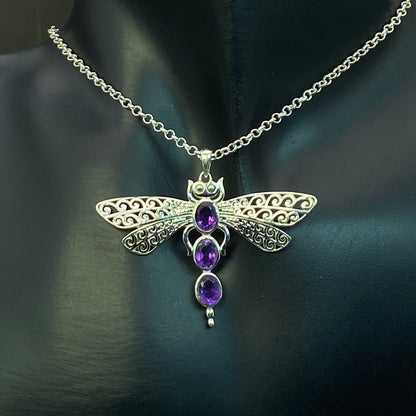.925 Sterling Silver Amethyst Dragonfly Pendant