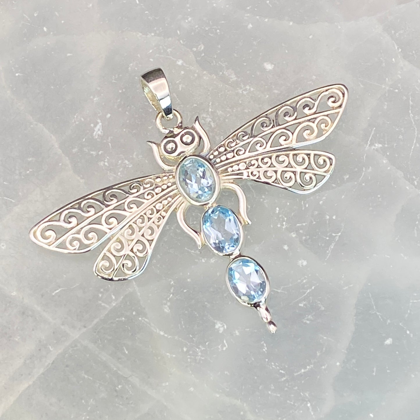 .925 Sterling Silver Blue Topaz Dragonfly Pendant