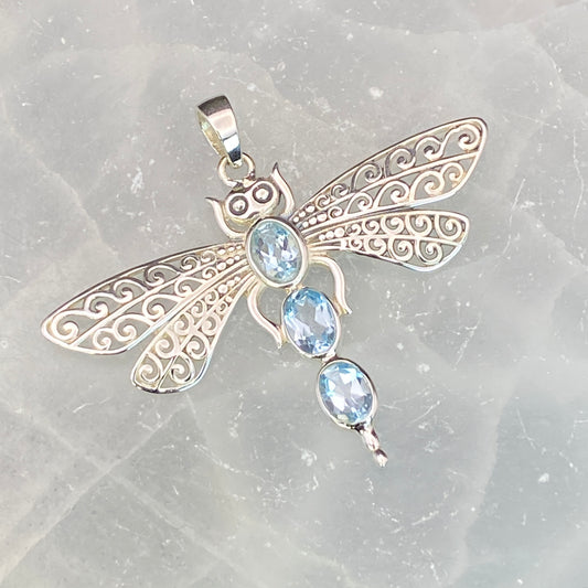 .925 Sterling Silver Blue Topaz Dragonfly Pendant