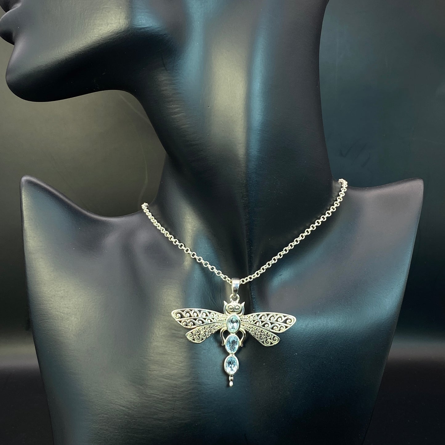 .925 Sterling Silver Blue Topaz Dragonfly Pendant