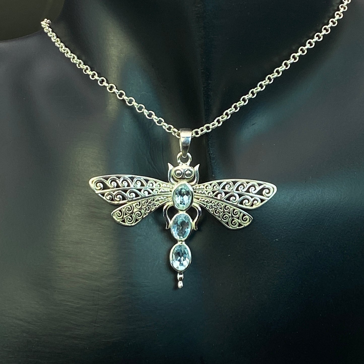 .925 Sterling Silver Blue Topaz Dragonfly Pendant
