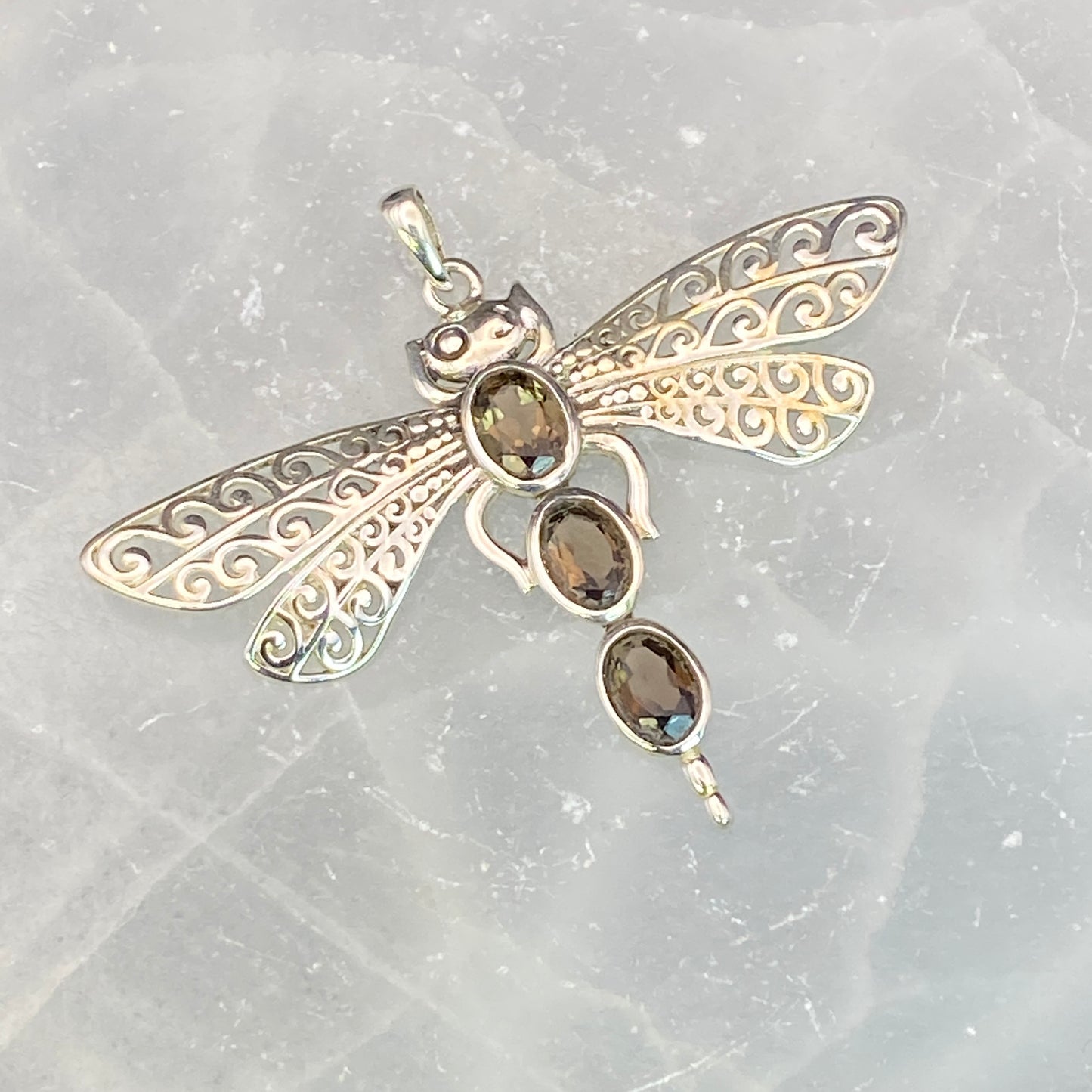 .925 Sterling Silver Smokey Quartz Dragonfly Pendant