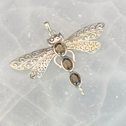 .925 Sterling Silver Smokey Quartz Dragonfly Pendant