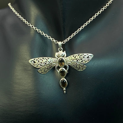 .925 Sterling Silver Smokey Quartz Dragonfly Pendant