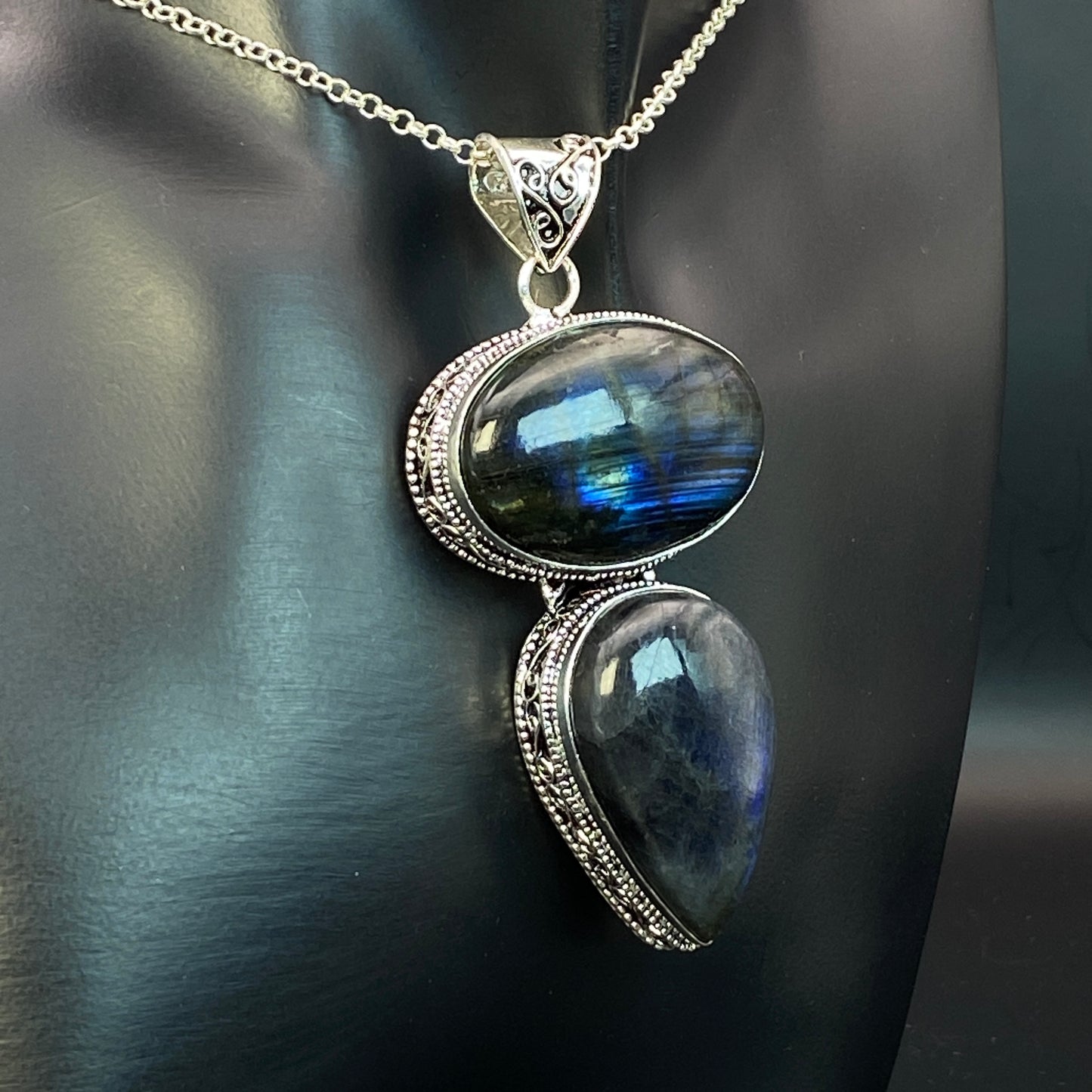 .925 Sterling Silver Labradorite Pendant - HUGE!