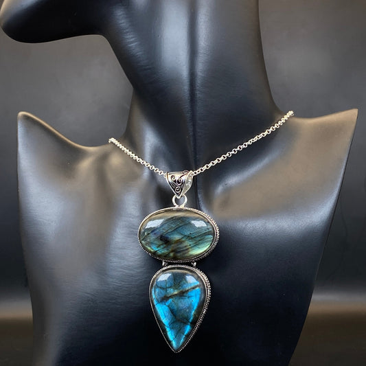 .925 Sterling Silver Labradorite Pendant - HUGE!