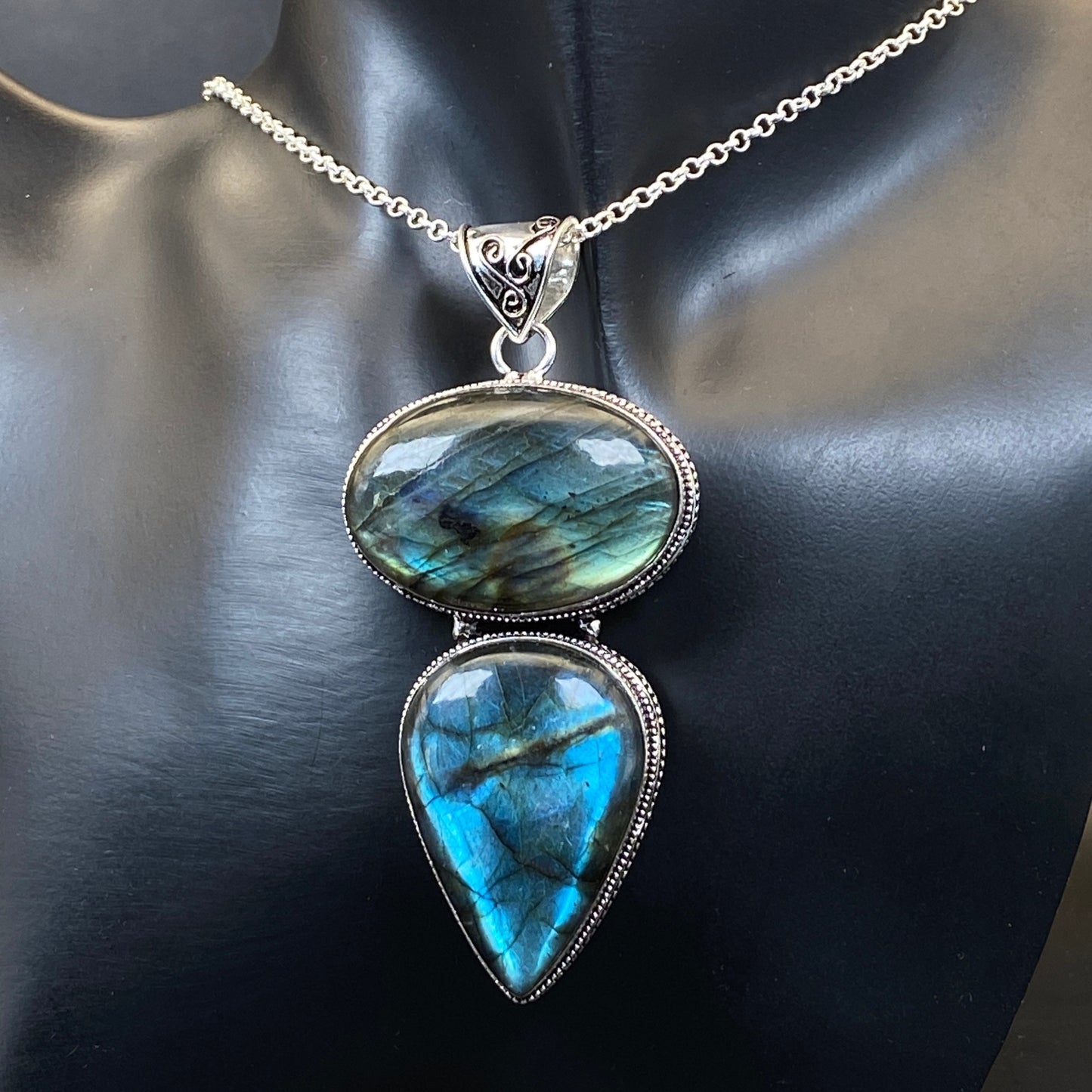 .925 Sterling Silver Labradorite Pendant - HUGE!