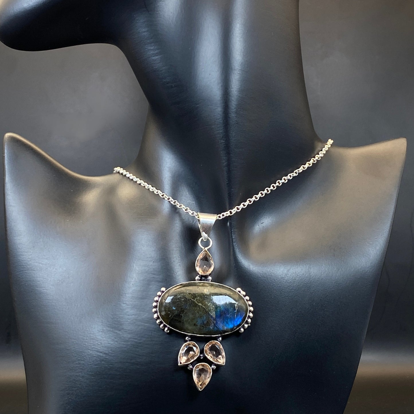 .925 Sterling Silver Labradorite & Faceted Morganite Pendant - Large