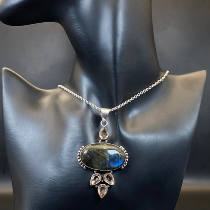 .925 Sterling Silver Labradorite & Faceted Morganite Pendant - Large