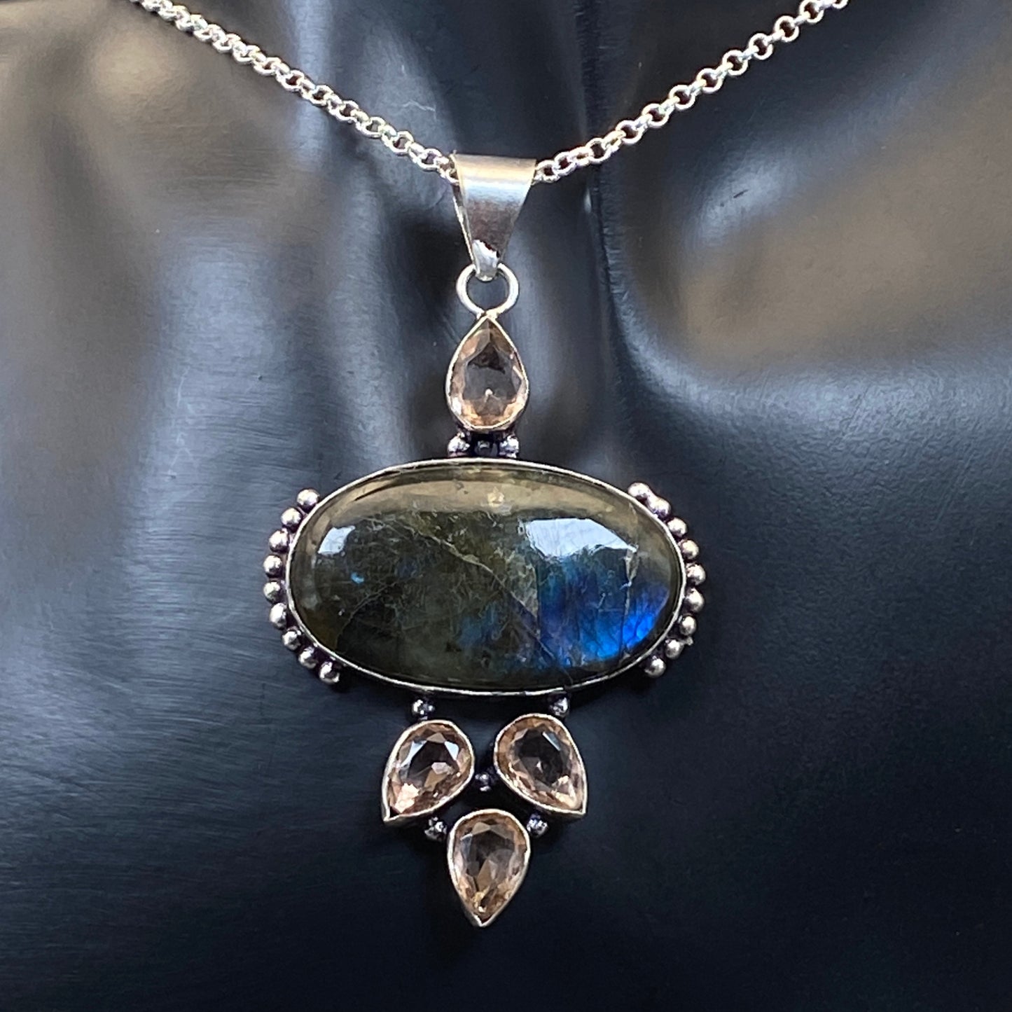 .925 Sterling Silver Labradorite & Faceted Morganite Pendant - Large
