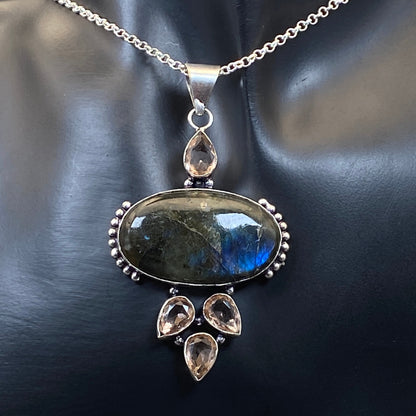 .925 Sterling Silver Labradorite & Faceted Morganite Pendant - Large