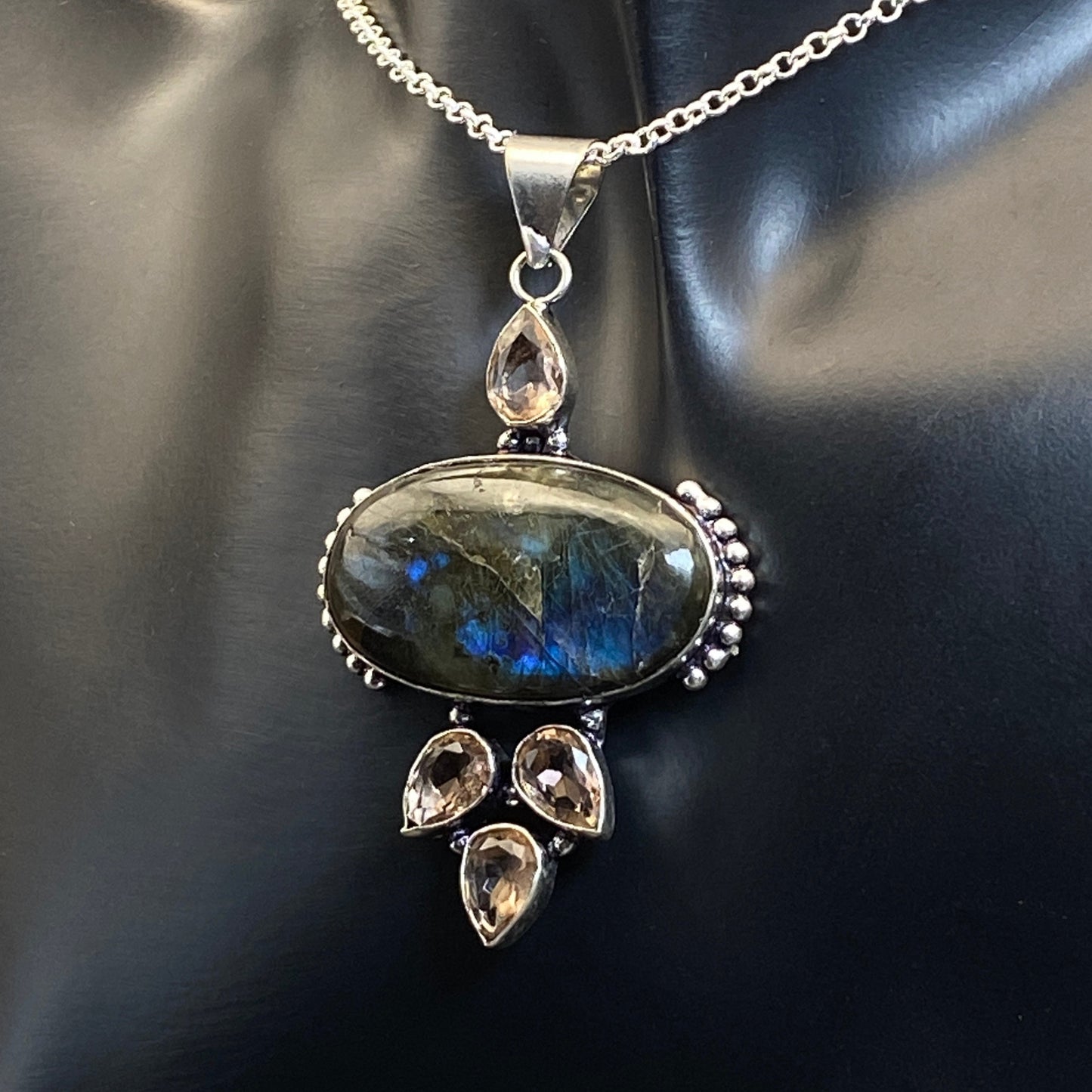 .925 Sterling Silver Labradorite & Faceted Morganite Pendant - Large