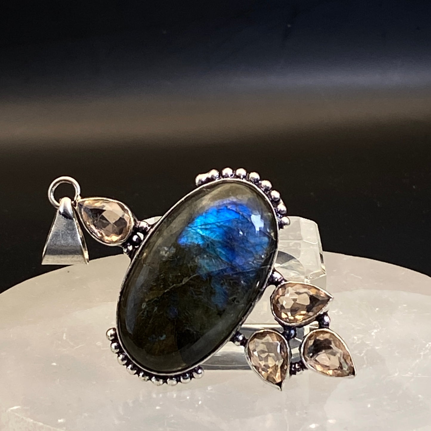 .925 Sterling Silver Labradorite & Faceted Morganite Pendant - Large