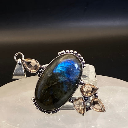 .925 Sterling Silver Labradorite & Faceted Morganite Pendant - Large