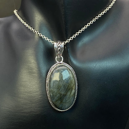 .925 Sterling Silver Labradorite Oval Pendant #1
