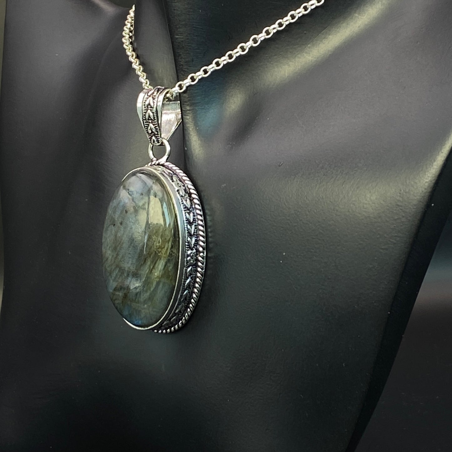 .925 Sterling Silver Labradorite Oval Pendant #1