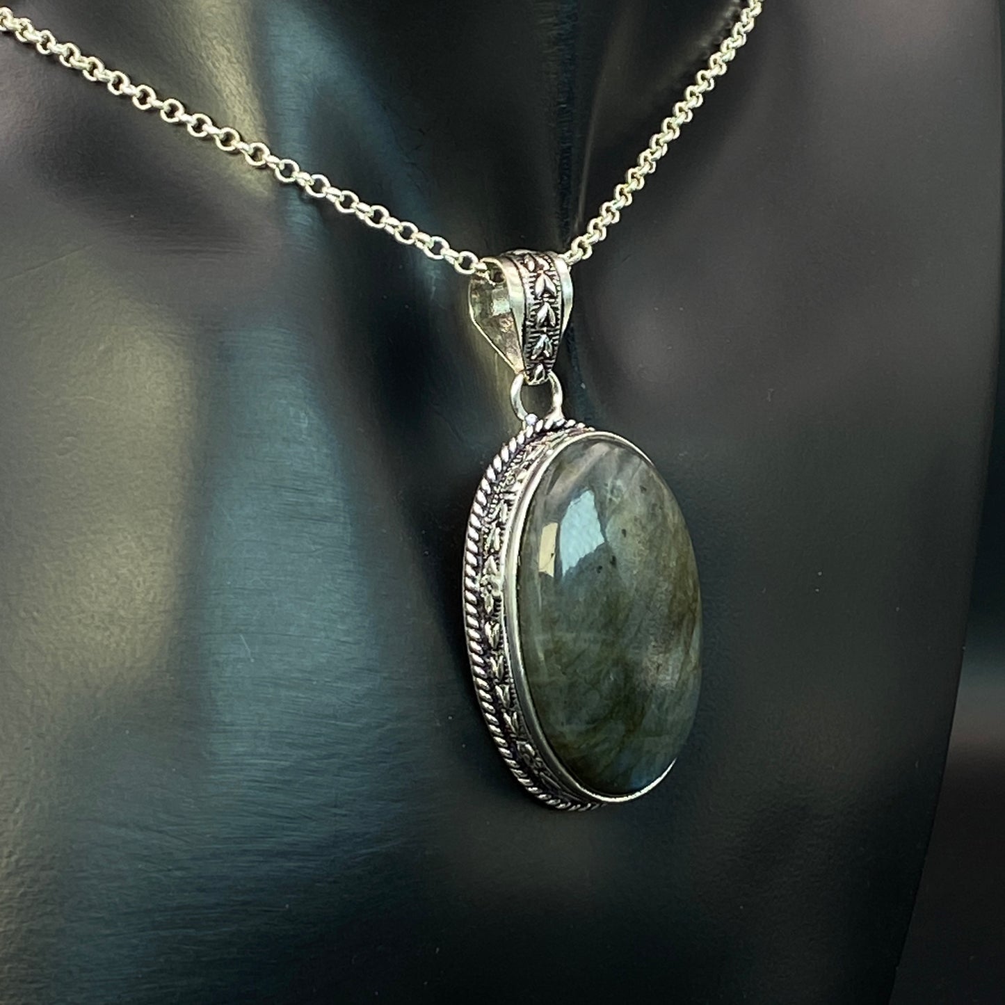 .925 Sterling Silver Labradorite Oval Pendant #1