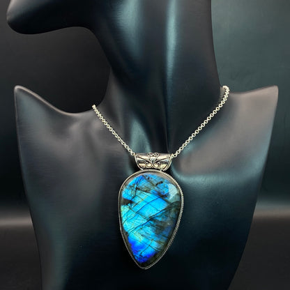 .925 Sterling Silver Labradorite Teardrop Pendant #1 - HUGE!