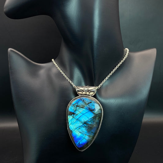 .925 Sterling Silver Labradorite Teardrop Pendant #1 - HUGE!