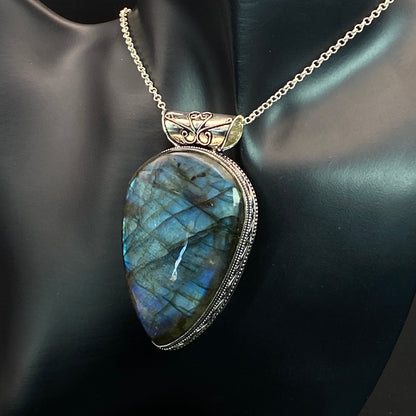 .925 Sterling Silver Labradorite Teardrop Pendant #1 - HUGE!