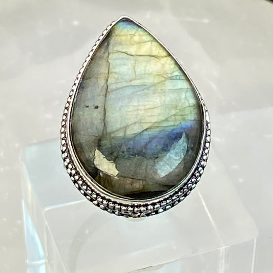 .925 Sterling Silver Labradorite Teardrop Ring - Size 9