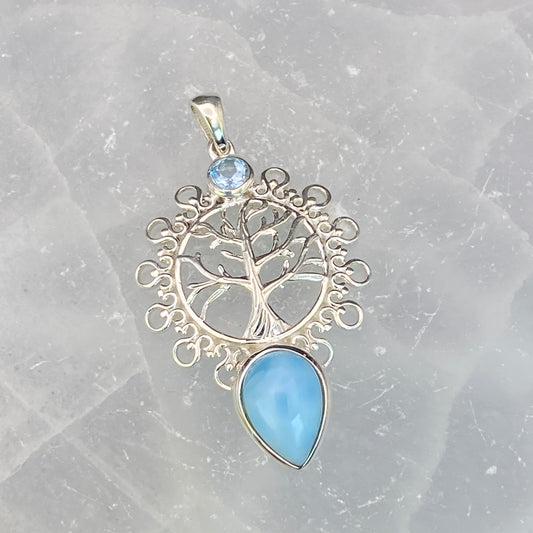 .925 Sterling Silver Larimar & Blue Topaz Tree of Life Pendant