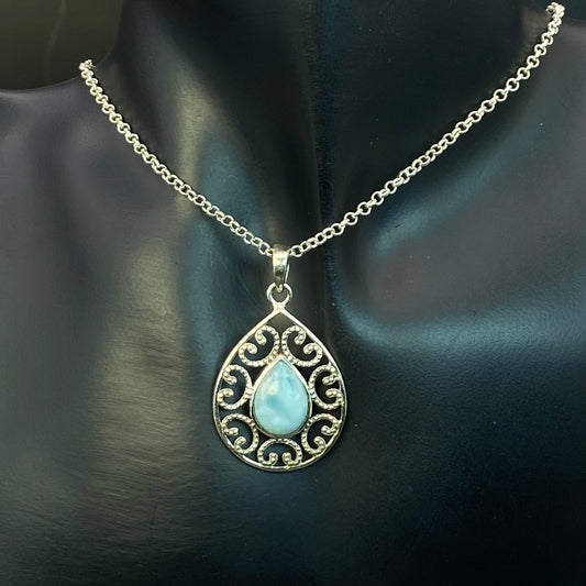 .925 Sterling Silver Larimar Filigree Pendant