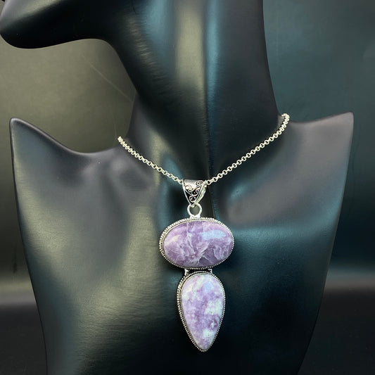 .925 Sterling Silver Lepidolite Pendant - HUGE!